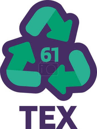 Téléchargez les illustrations : Avis TEX numéro 61 pour le marquage des produits industriels. Recycler le code pour Textile. Informer le consommateur des propriétés de l'emballage et des produits chimiques. Flèche triangulaire verte. Vecteur - en licence libre de droit