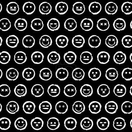 Téléchargez les illustrations : Motif abstrait sans couture bâclée avec des cellules d'Emoji différentes expressions faciales et humeurs. Ornement pour l'impression sur tissu, couverture et emballage. Vecteur minimaliste simple sur fond blanc - en licence libre de droit