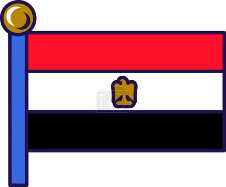 Ilustración de Egipto país bandera de la nación civil en el vector asta de la bandera. Tricolor con bandas horizontales rojas, blancas y negras de ensalada de águila y simbólica revolucionaria egipcia en ilustración de dibujos animados planos centrales - Imagen libre de derechos