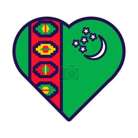 Ilustración de Corazón patriota en colores nacionales de la bandera de Turkmenistán. Elemento festivo, atributos del Día de la Independencia de Turkmenistán. Icono de vector de dibujos animados en colores nacionales de la bandera del país aislado sobre fondo blanco - Imagen libre de derechos