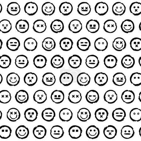 Illustration for Abstract sloppy seamless pattern with cells of Emoji different facial expressions and moods. Ornament for printing on fabric, cover and packaging. Simple minimalistic vector on white background - Royalty Free Image