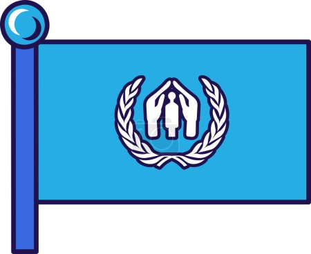 Ilustración de Bandera del ACNUR en asta de la bandera para el registro de eventos solemnes, reunión con invitados extranjeros. Unión de Alto Comisionado de las Naciones Unidas para los Refugiados. Vector simple aislado sobre fondo blanco - Imagen libre de derechos