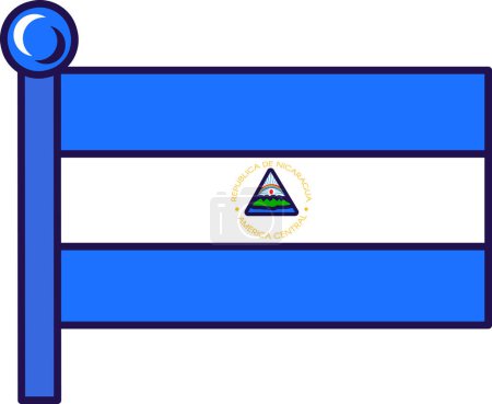 Téléchargez les illustrations : Drapeau de la République du Nicaragua sur le vecteur de mât de drapeau. Triband horizontal d'armoiries nationales azur et blanc au centre. Patriotique symbolique de l'indépendance dessin animé plat illustration - en licence libre de droit