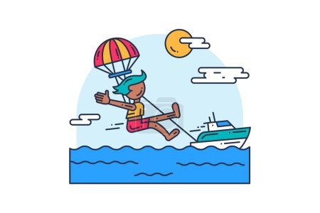 Illustration for Guy in rescue suit flies on parachute tied behind speedboat by motor boat. Sports and active lifestyle. Simple colored stroked vector icon isolated on white background - Royalty Free Image