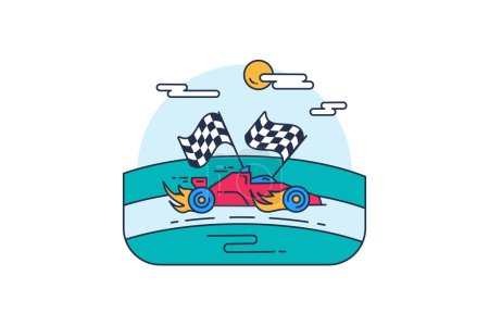Illustration for Sports racing automobile car wins in competition on stadium with checkered finishing flags. Sports and active lifestyle. Simple colored stroked vector icon isolated on white background - Royalty Free Image
