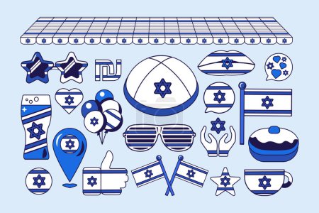 Illustration for Set of festive elements, attributes of Israel Jewish Holidays. Star of David, balloons, drink glass, Israel flag, national headdress, star sunglasses. Cartoon vector icons in colors of Jewish flag - Royalty Free Image