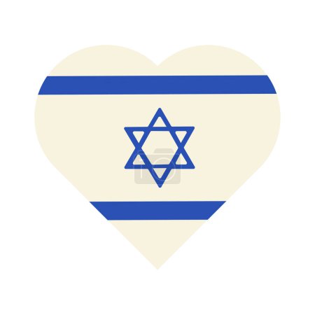 Téléchargez les illustrations : Coeur patriote dans les couleurs nationales du drapeau israélien. Élément de lait solide festif, attribut de la fête juive. Icône vectorielle plate de bande dessinée dans les couleurs nationales du drapeau d'Israël isolé sur fond blanc - en licence libre de droit