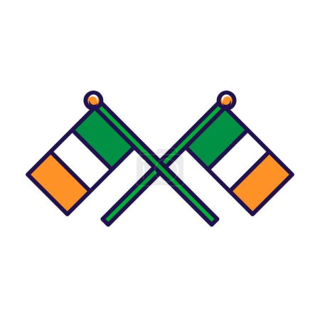 Illustration for Ireland country crossed flags on flagpole for meeting foreign Tourists. Traditional festive element, attributes of St. Patrick Day and Independence Day. Cartoon vector icon in national colors - Royalty Free Image
