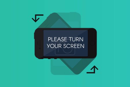Smartphone screen turning. Simple visual instruction for using your black mobile phone for image rotation to horizontal position. Flat vector isolated on plain green background