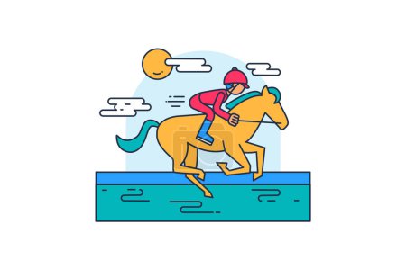 Young rider athlete in special clothes and headdress, races on horseback along hippodrome. Extreme sports and active lifestyle. Simple colored stroked vector icon isolated on white background