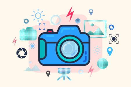 DSLR with wide angle lens. Photo studio advertising concept. Horizontal banner, custom professional photography of special occasions, family events. Cartoon outline vector isolated on beige background
