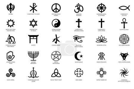 Eine Reihe mystischer religiöser Symbole verschiedener Kulturen der Welt, heilige Zeichen. Spirituelle traditionelle Kulturen der Anbetung und Verehrung. Einfacher schwarzweißer Vektor isoliert auf weißem Hintergrund