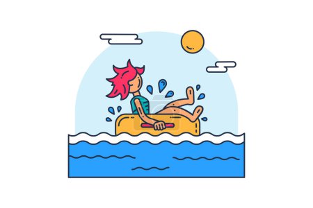Ilustración de Personaje joven en ropa de natación flota a través de olas en tubo inflable. Deporte y estilo de vida activo. Icono de vector acariciado de color simple aislado sobre fondo blanco - Imagen libre de derechos