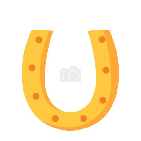 Golden lucky horseshoe. Symbol of good luck, talisman of fortune, Happy Patrick party element. Simple cartoon vector isolated on white background