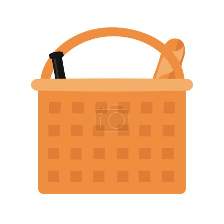 Flat cartoon brown tasty French picnic basket with a bottle of wine and bread icon