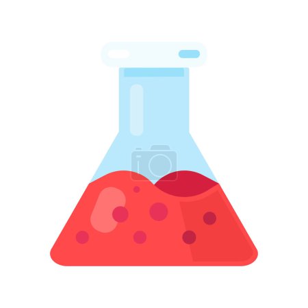 Illustration for Wide flask with red bubbling liquid icon. Equipment for chemical blood analysis, medical stroked cartoon element for modern and retro design. Simple color vector pictogram isolated on white background - Royalty Free Image