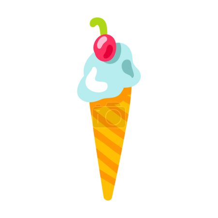 Téléchargez les illustrations : Crème glacée au cône de gaufre dessiné par l'enfant. Dessin de sorbet doux imprudent et enfantin lumineux pour la conception de bannière de printemps festive. Élément vectoriel plat dessiné à la main isolé sur fond blanc - en licence libre de droit