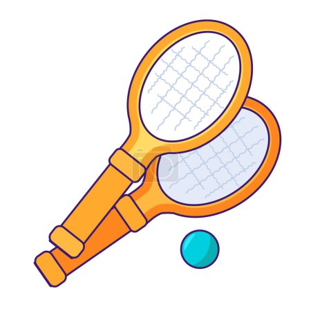 Tennisgeräte für aktive Erholung. Set Tennisschläger und Ball zum Spielen. Sommerurlaub-Ikone. Einfaches Stroke Vector Element isoliert auf weißem Hintergrund