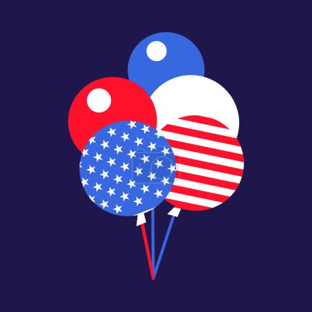 Fliegende Girlanden aus Luftballons in den Farben der US-Flagge. Festliches Element, Attribute des 4. Juli Independence Day. Flaches Vektorsymbol in den Nationalfarben der US-Flagge auf dunkelblauem Hintergrund