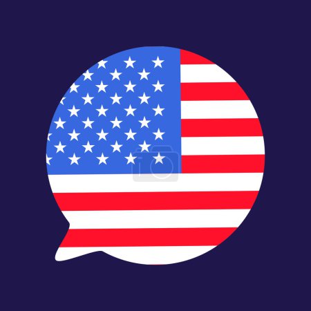 Sprechblase gefüllt mit Sternen und Streifen USA Flag Canvas Banner. Festliches Element, Attribute des 4. Juli, dem Unabhängigkeitstag der USA. Flaches Vektorsymbol in den Nationalfarben der US-Flagge auf dunkelblauem Hintergrund