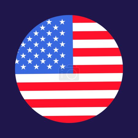 Runde Aufkleber in den Farben der US-Flagge. Festliches Element, Attribute des 4. Juli, dem Unabhängigkeitstag der USA. Flaches Vektorsymbol in den Nationalfarben der US-Flagge auf dunkelblauem Hintergrund