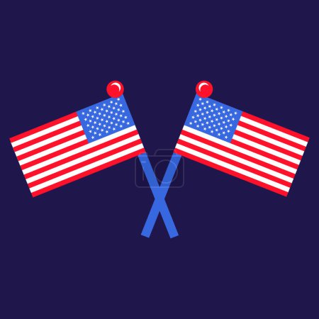 Gekreuzte Souvenir-Fahnen der USA am Fahnenmast für ein feierliches Ereignis und Treffen mit ausländischen Gästen. Nationales gestreiftes Ländersymbol. Flaches Vektorsymbol in den Nationalfarben der US-Flagge auf dunkelblauem Hintergrund