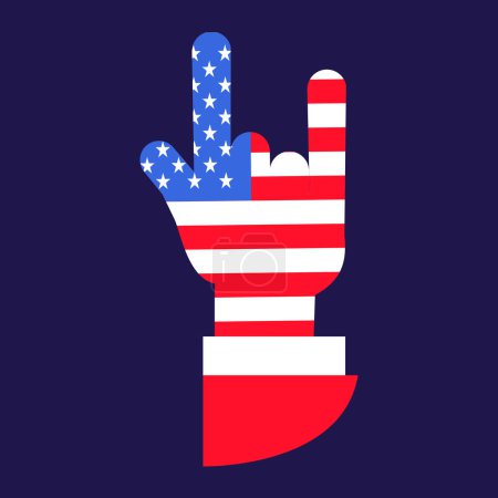 Geste einer Ziege, Geste eines Rockkonzerts. Festliches Element, Attribute vom 4. Juli, dem Unabhängigkeitstag der USA. Flaches Vektorsymbol in den Nationalfarben der US-Flagge auf dunkelblauem Hintergrund
