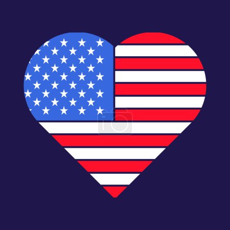 Patriot Heart en colores nacionales de la bandera de Estados Unidos. Elemento festivo, atributos del 4 de julio Día de la Independencia Americana. Icono de vector plano en colores nacionales de bandera americana sobre fondo azul oscuro