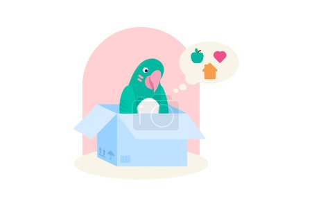 Lindo Vector Dibujos Animados Esquema Plano Adoptar Pet Parrot Concepto Ilustración acerca de un pequeño loro sentado en una caja de cartón pensando en alguien adoptar el animal de un refugio.