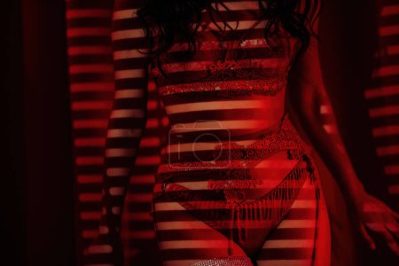 Foto de Mujer en ropa interior de encaje bajo la luz y la sombra de persianas en el fondo de glamour rojo - Imagen libre de derechos