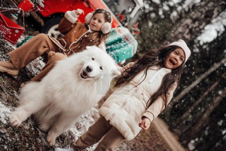 Foto de Poco asiático y caucásico niñas pasando tiempo con blanco samoyedo perro cerca de Navidad autobús al aire libre - Imagen libre de derechos