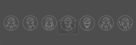 Illustration for How to use derma roller, dermapen or mesopen line icon for face treatment guide. Vector stock illustration isolated on black chalkboard background. Editable stroke. - Royalty Free Image