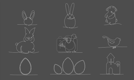 Photo for Easter continues one line pack. Vector stock illustration set isolated on black chalkboard background for design template egg hunt, invitation, greeting card, menu. Editable stroke single line. - Royalty Free Image