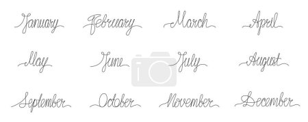 Month name continues single line set. Vector handwritten signs pack isolated on white background for print calendar, planner, diary. Editable stroke.