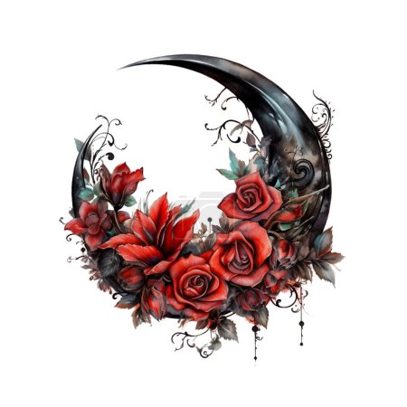 Illustration for Witchy Dark Gothic Crescent with Red Roses Dark Fantasy Gardening Watercolor Clipart. Design element for pattern, decoration, planner sticker, sublimation and more. - Royalty Free Image
