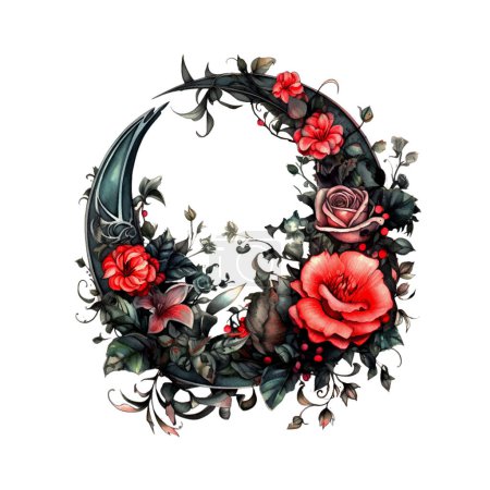 Witchy Dark Gothic Black Crescent with Red Roses Dark Fantasy Gardening Watercolor Clipart. Design element for pattern, decoration, planner sticker, sublimation and more.