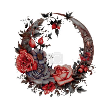 Witchy Dark Gothic Crescent Red Roses Wreath Dark Fantasy Gardening Watercolor Clipart. Design element for pattern, decoration, planner sticker, sublimation and more.