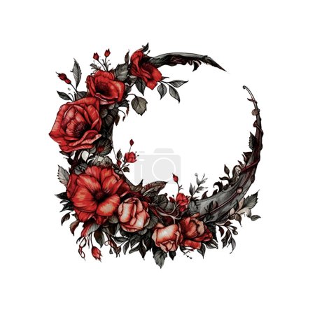 Witchy Dark Gothic Crescent Red Roses Wreath Dark Fantasy Gardening Watercolor Clipart. Design element for pattern, decoration, planner sticker, sublimation and more.
