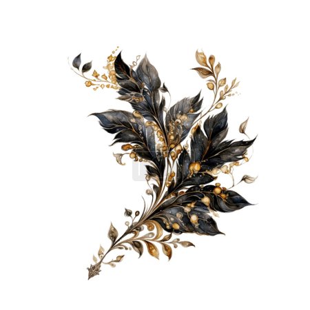 Dark Gothic Leaves with Gold Glitter Dark Fantasy Gardening Watercolor Clipart. Design element for pattern, decoration, planner sticker, sublimation and more.