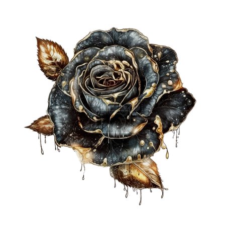 Rosa gótica oscura con brillo dorado Dark Fantasy Gardening Watercolor Clipart. Elemento de diseño para patrón, decoración, pegatina de planificador, sublimación y más.