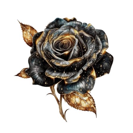 Dark Gothic Rose with Gold Shimmer Dark Fantasy Gardening Watercolor Clipart. Design element for pattern, decoration, planner sticker, sublimation and more.
