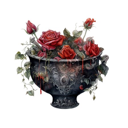 Caldero gótico oscuro con rosas rojas Dark Fantasy Gardening Watercolor Clipart. Elemento de diseño para patrón, decoración, pegatina de planificador, sublimación y más.
