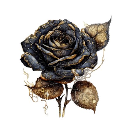 Illustration for Dark Gothic Rose with Gold Shimmer Dark Fantasy Gardening Watercolor Clipart. Design element for pattern, decoration, planner sticker, sublimation and more. - Royalty Free Image