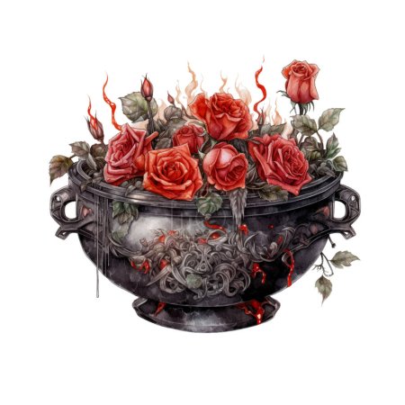 Caldero gótico oscuro con rosas rojas Dark Fantasy Gardening Watercolor Clipart. Elemento de diseño para patrón, decoración, pegatina de planificador, sublimación y más.
