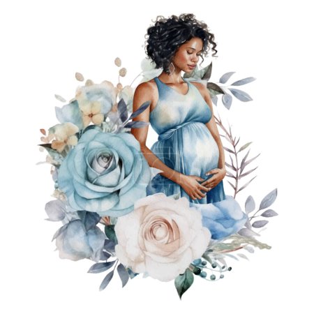 Foto de Hermosa mujer embarazada abraza y sostiene el vientre con rosas ramillete acuarela ilustración - Imagen libre de derechos