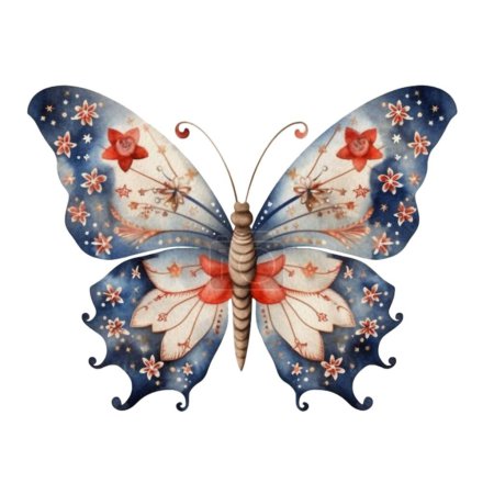 Mariposa Patriótica Acuarela 4 de Julio Ilustración Clipart. Mariposa aislada sobre fondo blanco para el Día de la Independencia DIY diseño de artesanía y sublimación.