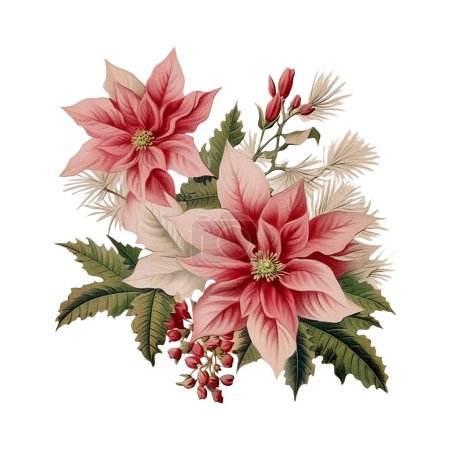 Romantische rosa Blumen Weihnachten Aquarell Clipart Illustration. Gestaltungselement für Weihnachten, Dekoration, Planer-Aufkleber, Sublimation und mehr.