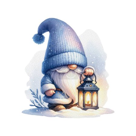 Blue Winter Gnome Wonderland Watercolor Illustration. Cute Whimsical gnome holding a lantern Clipart. Sublimation for t-shirt, stickers, Journal and more.