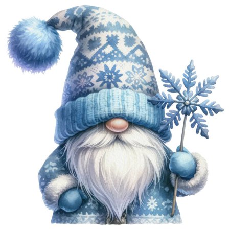 Téléchargez les illustrations : Blue Winter Gnome Wonderland Aquarelle Illustration. Mignon gnome fantaisiste tenant Clipart flocon de neige. Sublimation pour t-shirt, autocollants, Journal et plus. - en licence libre de droit