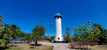 wide low angle view of Punta Higuera lighthouse in Rincon Puerto Rico